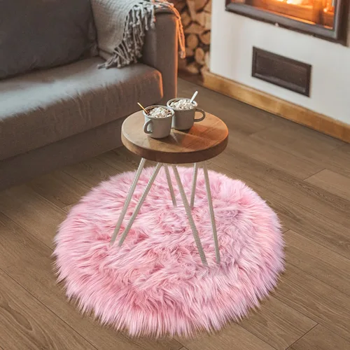 Miniatura 31 de Alfombras Redondas Rosadas Esponjosas de 4 Pies para Dormitorio de Niñas, Alfombra de Piel Sintética de Oveja de Felpa para Sala de Estar, Alfombra