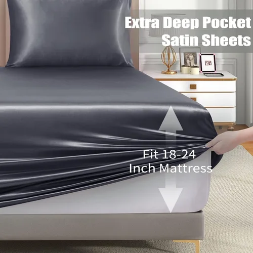 Miniatura 5 de VACVELT Juego de sábanas bajeras de satén de 3 piezas con bolsillos extra profundos para cama matrimonial, sábana bajera color gris que se ajusta a