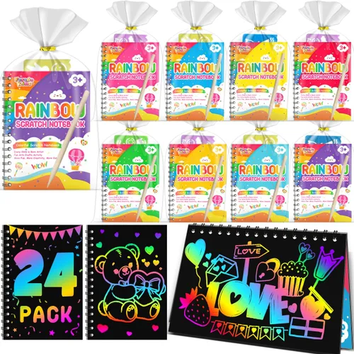Recuerdos de papel para rascar para fiestas para niños: paquete de 24 cuadernos de rayas arcoíris, bolsas de regalo, libros para colorear, recuerdos