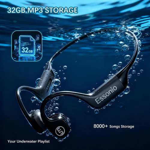 Miniatura 6 de Auriculares de Conducción Ósea Essonio IP68 Impermeables para Natación con Micrófono Bluetooth, Auriculares de Oreja Abierta con Modo MP3, Memoria