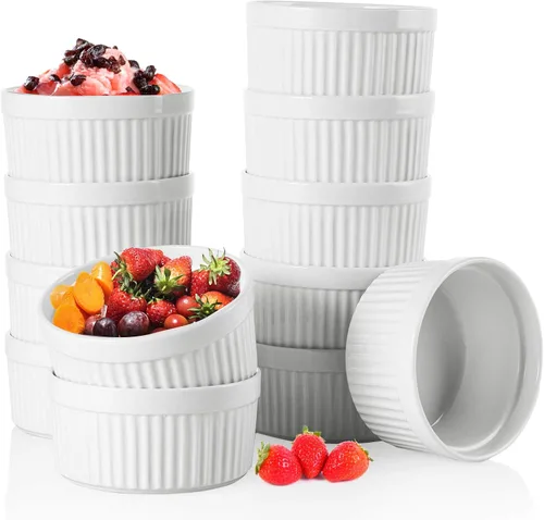 Foraineam Juego de 12 platos de porcelana de 8 onzas para soufflé, aptos para horno, utensilios blancos para hornear, postre, natillas para hornear,