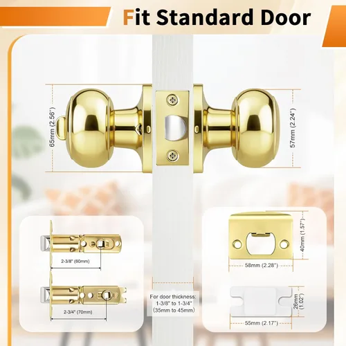 Miniatura 4 de Probrico Home Bed & Bath - Pomo de puerta de privacidad en latón pulido, accesorios interiores de bola plana, cerradura universal sin llave, 1