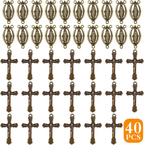 Miniatura 2 de 40 piezas de rosario de aleación tibetana con cruz y centro de María Milagrosa Medalla Jesús Crucifijo Crucifijo y eslabones ovalados de araña