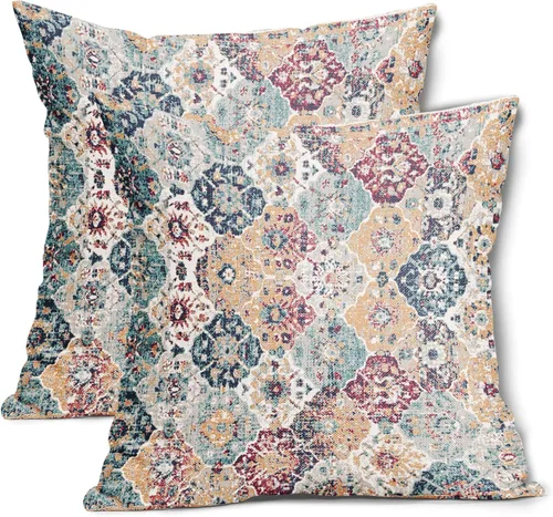 Miniatura 10 de Fundas de almohada boho naranja azul 20x20 pulgadas, juego de 2 fundas de almohada estilo bohemio alfombra vintage étnica para sofá, fundas