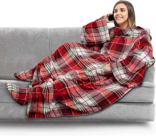 Miniatura 9 de PAVILIA Manta de forro polar con mangas, bolsillos para los pies para mujeres, hombres y adultos, manta de felpa para llevar, cálida manta