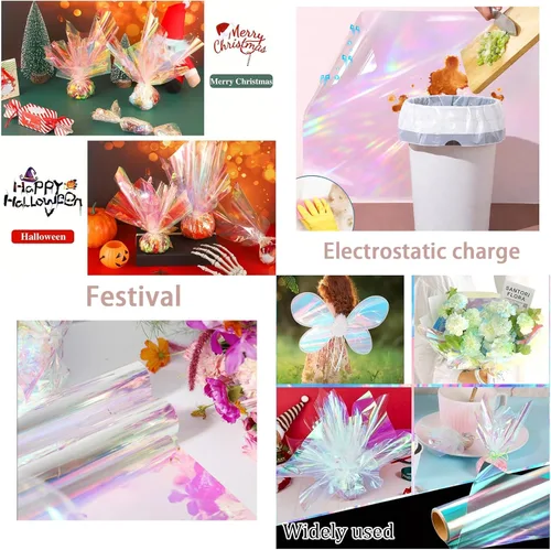 Miniatura 5 de GcFoir Papel de regalo transparente para arco iris de flores, rollo de celofán iridiscente de 34 pulgadas x 100 pies, rollo de celofán iridiscente