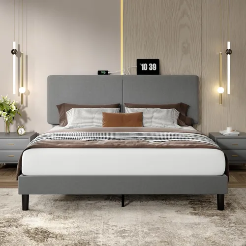 Miniatura 10 de VECELO Marco de Cama Matrimonial Tapizado Camas Plataforma con Cabecera de Algodón y Lino Ajustable en Altura, Listones de Madera Resistente, 6
