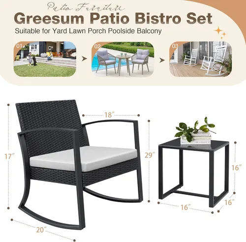 Miniatura 2 de Greesum Juego de muebles de exterior de 3 piezas para patio, bistró, mecedoras con mesa de centro de cristal para piscina, playa, patio, balcón