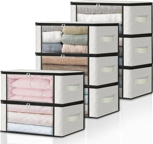 Miniatura 28 de HomeHacks Paquete de 3 bolsas organizadoras de ropa, caja de almacenamiento plegable con gran ventana transparente y asas resistentes para armario