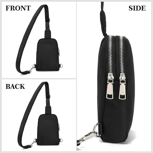 Miniatura 7 de Pequeña bolsa cruzada, cangurera, elegante bolsa cruzada para viajes esenciales, regalos para mujeres, Nailon-Negro, Bolso bandolera