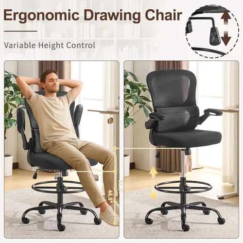 Miniatura 3 de Karlhome - Silla ergonómica de dibujo con soporte lumbar y reposabrazos abatibles, silla de oficina giratoria alta con anillo reposapiés de altura