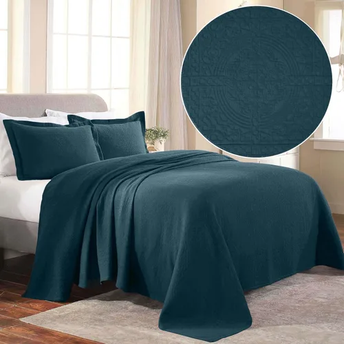 Miniatura 3 de Superior Fleur De Lis - Juego de colcha de algodón de 3 piezas, decoración de cama para el hogar, colcha decorativa con textura, 2 fundas de Deep Sea