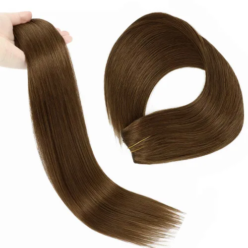 Miniatura 9 de Extensiones de cabello humano real, cabello lacio marrón chocolate de 12 pulgadas con alambre oculto y línea de pescado transparente
