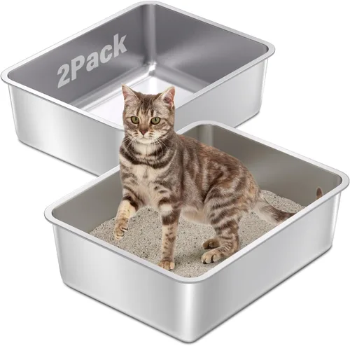 Miniatura 8 de Caja de arena de acero inoxidable con tapa, caja de arena de metal para gatitos, cajas de arena de entrada baja con pala y alfombra, caja de arena