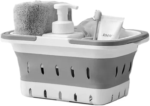 Miniatura 9 de Organizador de plástico para productos de suministros de limpieza, cesta plegable de almacenamiento con asas, organizador de caja para baño, cocina