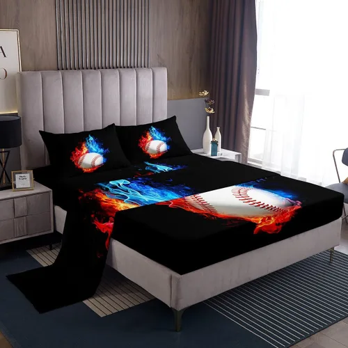 Erosebridal Juego de sábanas de béisbol para niños, tamaño individual, sábanas de llama azul y roja para adolescentes, juego de ropa de cama con