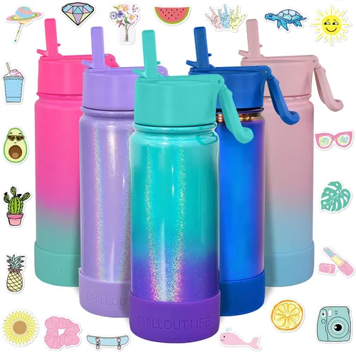 Miniatura 21 de CHILLOUT LIFE - Botella de agua aislada de 17 onzas con tapa con pajilla para niños, a prueba de fugas y bonitas calcomanías impermeables, termo