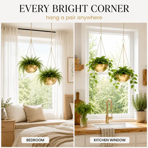 Miniatura 7 de AceList Paquete de 2 macetas colgantes doradas para plantas de interior, colgador de plantas de metal bohemio de 9.8 pulgadas para interiores