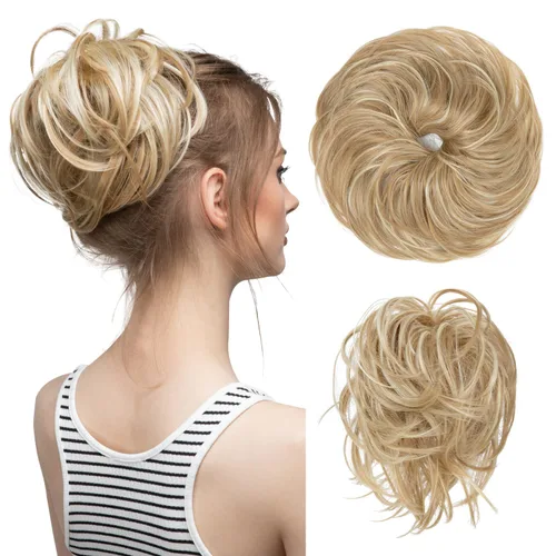 Miniatura 6 de CJL HAIR - Extensión de cabello tipo coletero de chongo desordenado, rizado, sintético, con colas rectas, scrunchies para peinados de moño