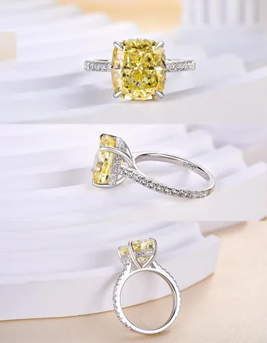 Miniatura 27 de Anillo de compromiso de corte cojín de 4 quilates para mujer, piedra blanca/amarilla grado 5A, circonita cúbica S925, plata, amarillo/blanco/oro rosa