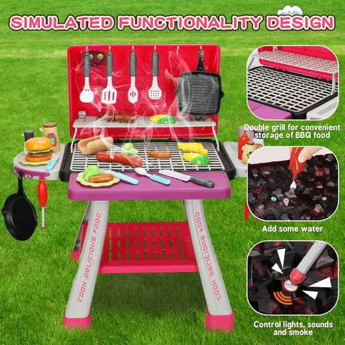 Miniatura 3 de Juguetes de Cocina para Niños, Parrilla de Barbacoa para Niños Juego de Cocina con Humo, Sonido y Luz, Juguetes de Comida Rosa Juego de Cocina