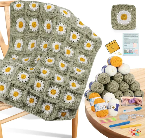 Miniatura 11 de Kit de Ganchillo Coopay para Principiantes para Manta, Kit de Ganchillo de Cuadrados de Abuela con Instrucciones y Suficiente Hilo, Juego Completo