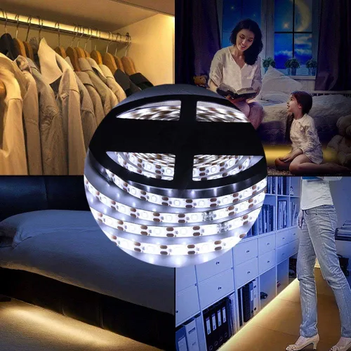 Miniatura 2 de Luz de armario con sensor de movimiento, tira de luces LED de 4.9 ft, encendido y apagado automático PIR, funciona con pilas, 6000 K blanco