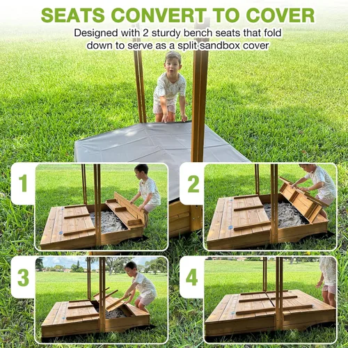 Miniatura 5 de GUTINNEEN Caja de arena de madera con toldo ajustable, caja de arena para niños al aire libre con bancos plegables, forro de arena, techo retráctil