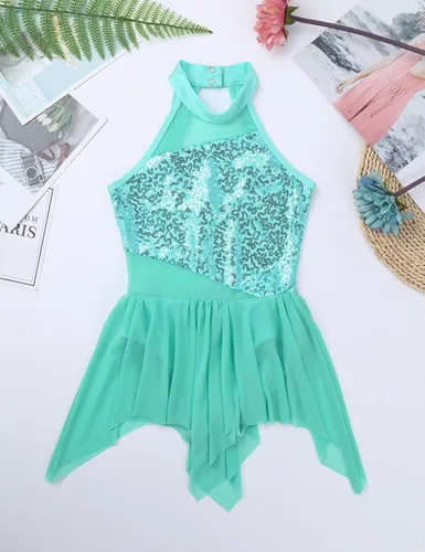 Miniatura 37 de YiZYiF Vestido de baile de lentejuelas para niños y niñas, leotardo de ballet, cuello alto, vestido lírico, traje de rendimiento irregular