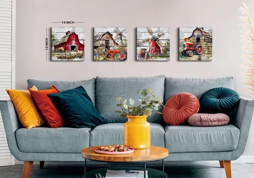 Miniatura 3 de Arte de pared rústico de granja, pintura de paisaje rural, molino de viento de granero, camión, impresiones en lienzo de animales de granja, vaca