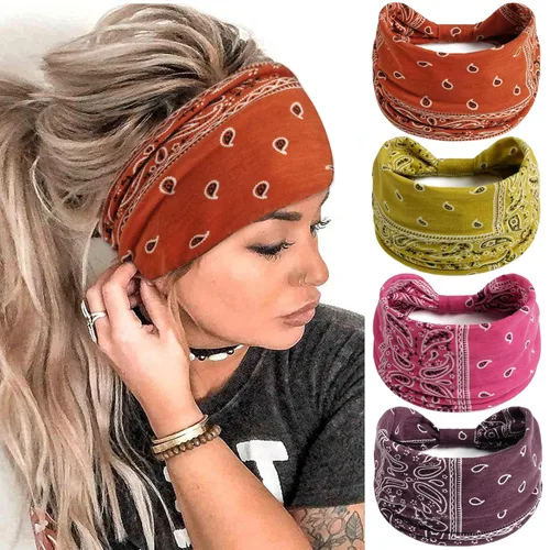 Miniatura 20 de FULZTEY Diademas bohemias para mujer, elegantes diademas con estampado floral, turbante de nudo ancho, elástico, para yoga, correr, entrenamiento