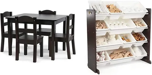 Humble Crew Juego de muebles para niños con mesa, 4 sillas y organizador de juguetes (Espresso/Blanco)