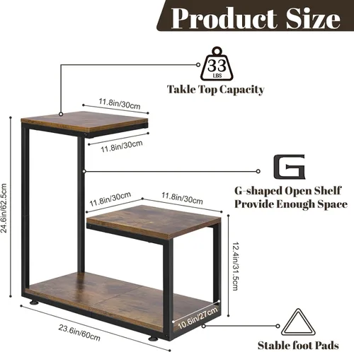 Miniatura 3 de Mesa auxiliar en forma de G, mesa auxiliar de 3 niveles para sofá interior, mesa auxiliar pequeña con marco de metal para sala de estar, dormitorio