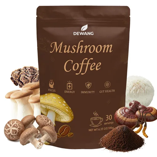 Mezcla instantánea de café de hongos con 6 hongos con melena de león, cordyceps, reishi, trompeta rey, shiitake y cola de pavo – Apoya la energía,