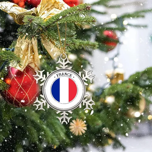 Miniatura 7 de Adorno de copo de nieve de metal navideño Bandera de Francia colgante de copo de nieve de peltre personalizado recuerdo decorativo para Navidad Año