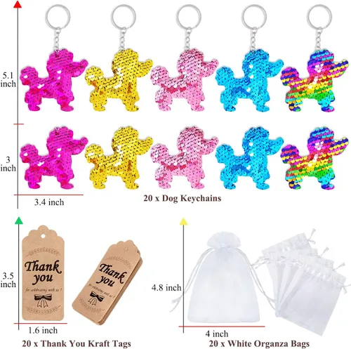 Miniatura 2 de CiciBear Juego de 60 llaveros de lentejuelas de doble cubierta con 20 llaveros para perros, 20 etiquetas de agradecimiento y 20 bolsas para Let's
