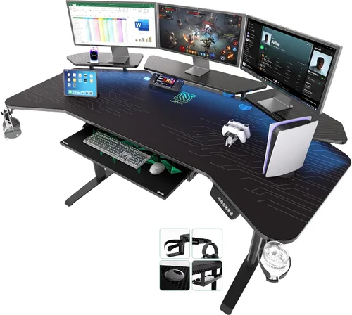 Miniatura 10 de JWX - Escritorio de pie de 4 patas con motor doble, diseño de gestión de cables abatible con luz LED acrílica