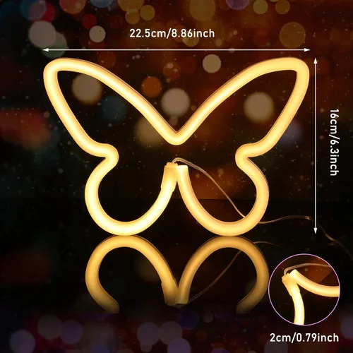 Miniatura 2 de Riakrum 2 piezas de letreros de neón de mariposa con luz LED, alimentado por batería 3AA, operado por USB, luz de neón de pared, decoración
