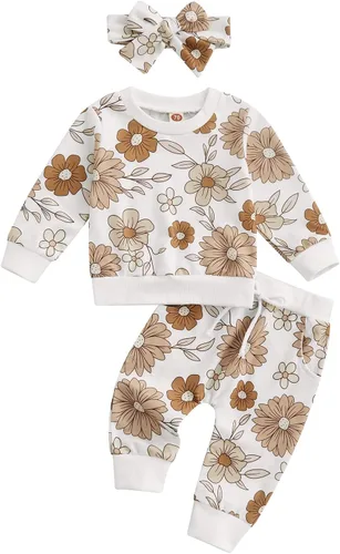 Miniatura 56 de Mandizy Conjunto de ropa de bebé niña otoño 3 6 9 12 18 24 meses sudadera de manga larga y pantalones con estampado floral y diadema