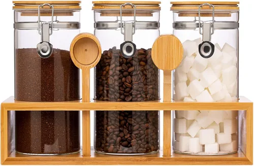 Miniatura 11 de Yangbaga Recipiente de Café de Vidrio con Estante de Madera, Juego de 2×45OZ Recipientes de Café y Azúcar, Recipientes de Café con Tapas Herméticas