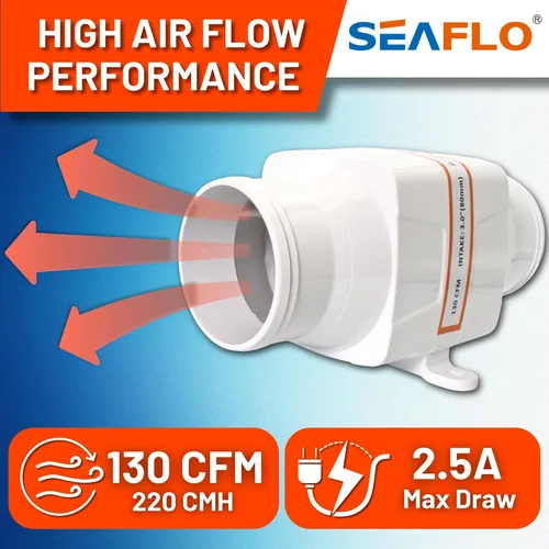 Miniatura 5 de SEAFLO in-Line Marine Bilge Air Blowers- 12V, 3 or 4", 130-270 CFM Ultra-Quiet Operation 4 or 3 Inch for Yacht/Sailboat/Boat- ISO 8846, CE & RoHs