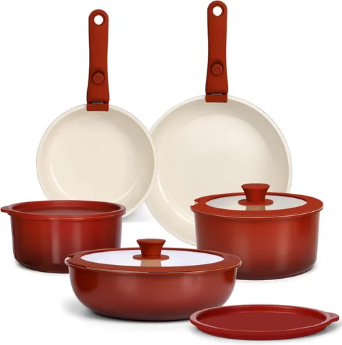 GiPP Juego de 11 piezas de ollas y sartenes antiadherentes, juego de utensilios de cocina antiadherentes con mango desmontable, ollas de cerámica