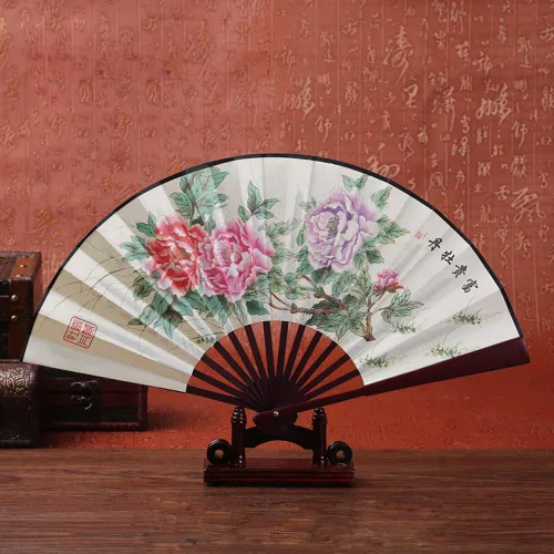 Miniatura 5 de Fox Baby 2 abanicos de mano plegables grandes, abanicos de tela de bambú de 13 pulgadas con pintura tradicional china para rendimiento, decoraciones