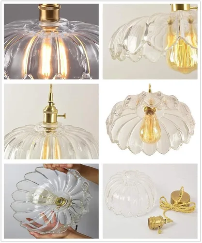 Miniatura 4 de Lámpara colgante industrial retro de latón con pantalla de vidrio transparente, lámparas de suspensión en forma de flor de granja E27/E26 sockets