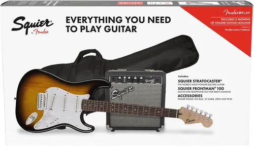 Miniatura 2 de Paquete de guitarra Squier by Fender Stratocaster para principiantes, diapasón de laurel, color marrón Sunburst, con bolsa Gig Bag, amplificador
