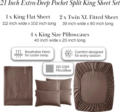 Miniatura 209 de Southshore Fine Living, Inc. Juego de 7 piezas de sábanas King divididas para cama ajustable, juego de sábanas King divididas con bolsillo de 21