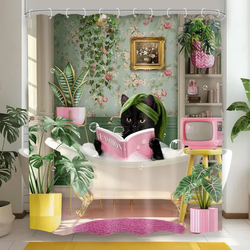 Miniatura 10 de Divertida cortina de ducha de gato negro de 60 pulgadas de ancho x 72 pulgadas de alto para niños, diseño de gatito blanco y negro, lindo animal are