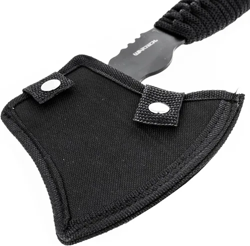 Miniatura 7 de ASR Outdoor Hacha de acero de espiga completa de 12 pulgadas con gancho de tripa, agujeros hexagonales, mango y funda de paracaídas, color negro