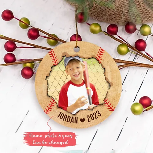 Miniatura 2 de Adorno de Navidad con foto de béisbol para niños y niñas, adorno personalizado con imagen de jugador de béisbol, árbol de Navidad, adorno de béisbol