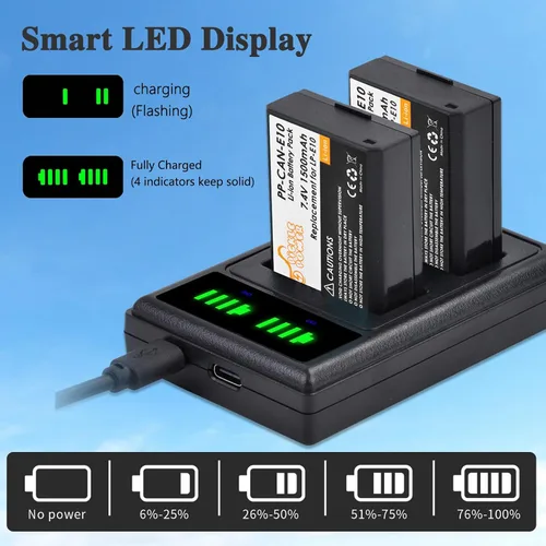 Miniatura 4 de Pickle Power LP-E10 Batería de 2 paquetes y Cargador Dual LED para Canon EOS Rebel T7 T6 T5 T3 T100, EOS 2000D, 3000D, 4000D, 1200D 1100D 1300D